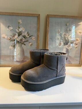 UGG Grey Suede Platform Mini Boots